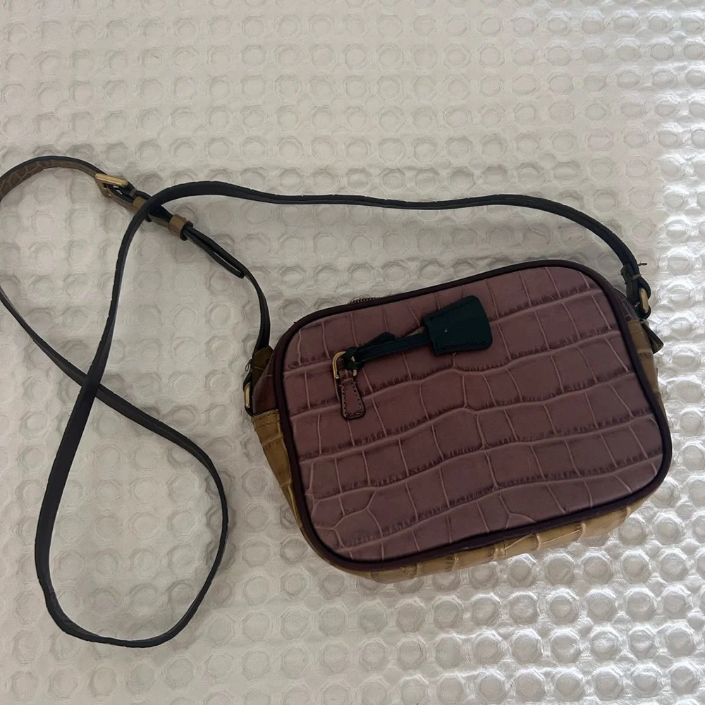 J. Crew Purple and Brown Colorblocked Croc Embossed Leather Crossbody Bag